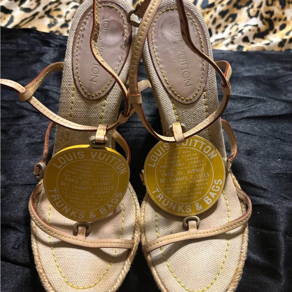 Louis Vuitton Beige Leather and Canvas Sandal with Branded Tag